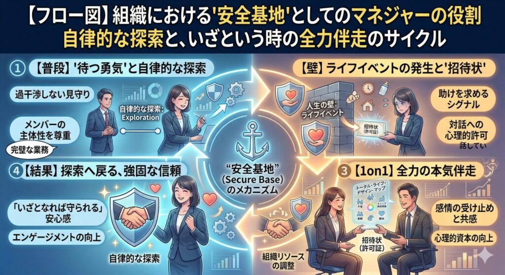 A 4-step circular flowchart illustrating the manager's role as a "Secure Base" in an organization. The center features an anchor icon representing the Secure Base mechanism. Step 1 shows a manager watching over an autonomously working employee without over-interfering. Step 2 depicts the employee facing a life event "wall" and offering an "invitation" for help. Step 3 shows a 1on1 meeting where the manager receives the invitation and provides full empathetic support. Step 4 shows the employee returning to autonomous exploration with renewed confidence and a strong sense of trust, symbolized by a shield and handshake.