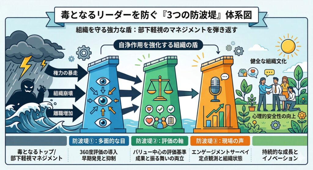`A business infographic titled "Diagram of the '3 Seawalls' System to Prevent Toxic Leaders," with the subtitle "Powerful shield to protect the organization: Repelling management that disregards subordinates." The left side depicts a stormy, dark landscape with a menacing dark figure and turbulent waves. Text labels read "Runaway power," "Organizational collapse," and "Increase in resignations," with the bottom text "Toxic top/Subordinate-disregarding management." Large dark waves clash against defenses. Three colorful seawall shields (blue, green, orange) block the waves. Above them, text reads "Organizational shield that strengthens self-purification." The first seawall (blue) is labeled "Seawall 1: Multi-dimensional eyes," with detailed text: "Introduction of 360-degree evaluation" and "Early detection and suppression." Icons show multiple eyes. The second seawall (green) is labeled "Seawall 2: Evaluation axis," with detailed text: "Value-centric evaluation criteria" and "Balancing results and behavior." Icons show a balance scale. The third seawall (orange) is labeled "Seawall 3: Voice from the field," with detailed text: "Engagement survey" and "Fixed-point observation and organizational health." Icons show a microphone. The right side shows a bright, calm landscape with sun, trees, and a group of happy, collaborating people under "Healthy organizational culture" and "Improvement of psychological safety," with the bottom text "Sustainable growth and innovation."