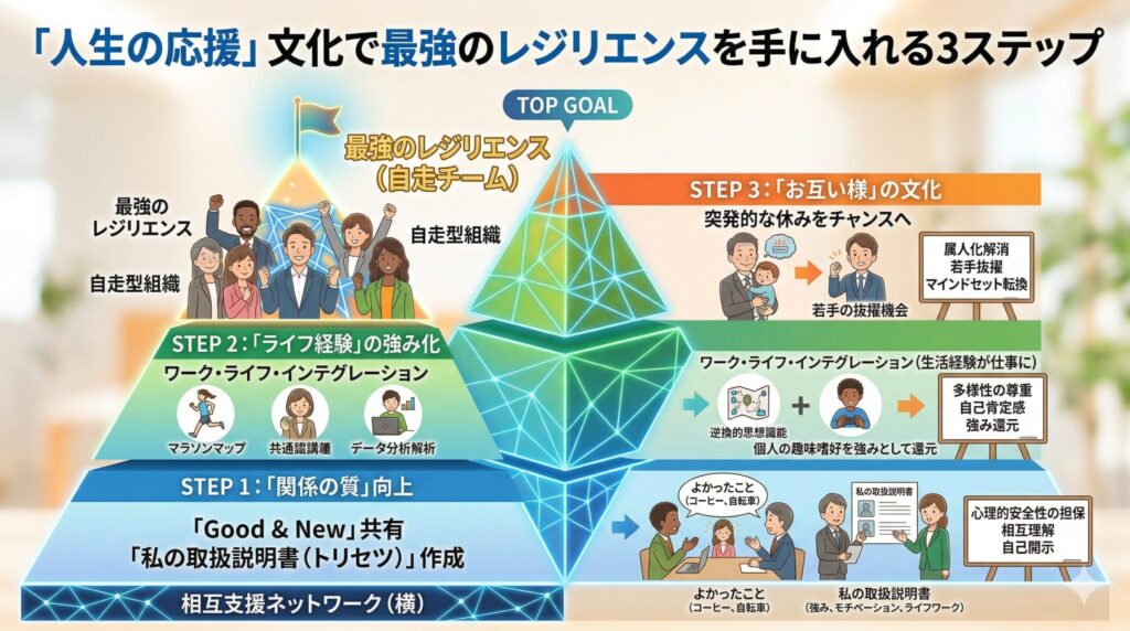 An infographic displaying a three-step pyramid model detailing how to build a resilient, self-driven team. At the base, Step 1 focuses on improving the "Quality of Relationships" through "Good & New" sharing and "Personal User Manuals" to ensure psychological safety. In the middle, Step 2 emphasizes "Leveraging Life Experiences" by integrating personal hobbies and life skills into professional strengths. At the top, Step 3 illustrates a culture of "Mutual Support," where sudden absences are reframed as opportunities to eliminate person-dependency and empower junior staff. The peak of the pyramid features a flag representing the ultimate goal: a highly resilient, self-driven team.