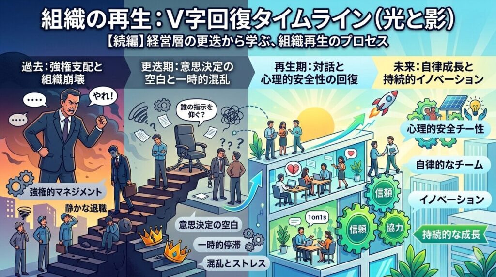 A detailed infographic pathway titled 'A Detailed Pathway: Organizational Thriving over a 4-Year Timeline Following Executive Departures (Sequel Chart)'. It illustrates the full transformation of an organization over four years, navigating periods of light and shadow, with a line graph at the top showing the V-shaped recovery of 'Organization Performance' (blue line) and 'Psychological Safety & Engagement' (green line) (both dipping significantly in the first year and rising sharply through year four). The chart is divided into four chronological stages along the X-axis from Year 1 to Year 4: a Year 1 panel showing tyrannical leadership, quiet resignation, and cowering, angry workers under chains; a Year 1-2 panel depicting confused workers grappling with a decision-making void and business slowdown risks after executive retirement, indicated by broken stairs; a Year 2-3 panel illustrating the transition to positive regeneration with a supportive manager facilitating thorough 1on1s, psychological safety, and transparency, and workers happily stating, 'I can speak my opinion!' and 'On our own!'; and a final Year 3-4 panel celebrating a thriving, autonomous team working collaboratively with a modern building and rocket, signifying innovation and sustainable growth, with high score bars and rising graph lines.