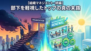 A conceptual illustration showing the contrast between organizational collapse and renewal. The left side depicts a defeated manager walking down broken stairs under dark clouds, representing the downfall of a toxic leader. The right side shows a bright, thriving office with engaged employees collaborating and a "MANAGEMENT RENEWAL" sign.