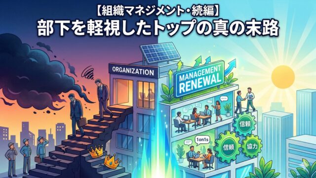 A conceptual illustration showing the contrast between organizational collapse and renewal. The left side depicts a defeated manager walking down broken stairs under dark clouds, representing the downfall of a toxic leader. The right side shows a bright, thriving office with engaged employees collaborating and a "MANAGEMENT RENEWAL" sign.